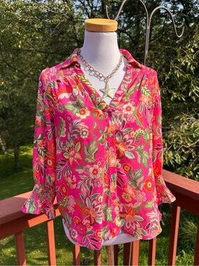 Fate Hot Pink Floral Button-Up Puff Sleeve Blouse